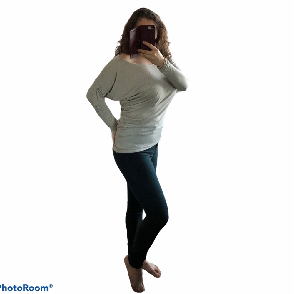 Asymmetrical Beige Drapey Long Sleeve Top Slouchy Shoulder From MEXX Size Small
